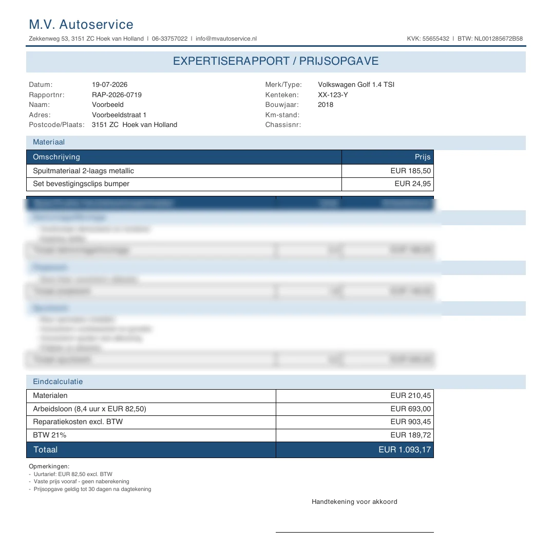 Voorbeeld van een offerte van M.V. Autoservice — gespecificeerd per werkzaamheid, met vaste totaalprijs